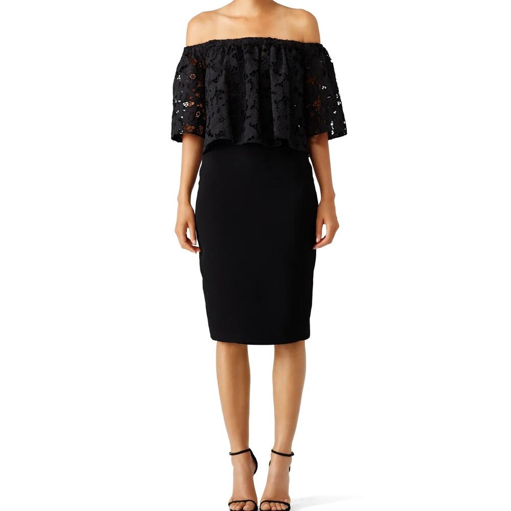 Shoshanna Women's Black Off Shoulder Lace Draped Sheath LBD Party Dress Size 4